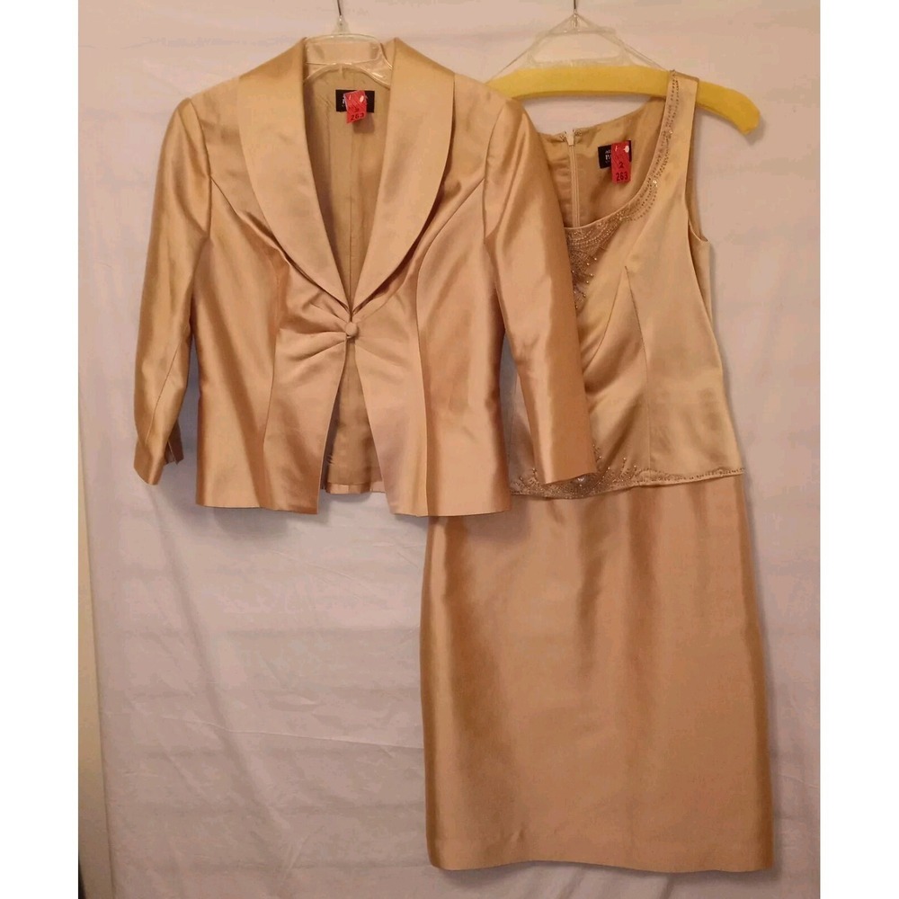 Adrianna Papell Dress With Jacket Size 6 Gold Sleeveless‎ Silk Beaded Sequins